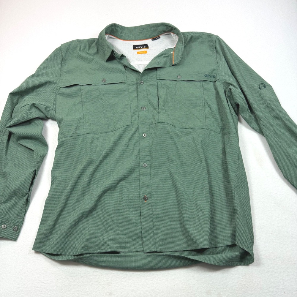 Orvis Mens XL Active Fit Fishing Shirt Green Micro Check Long Sleeve Ventilated
